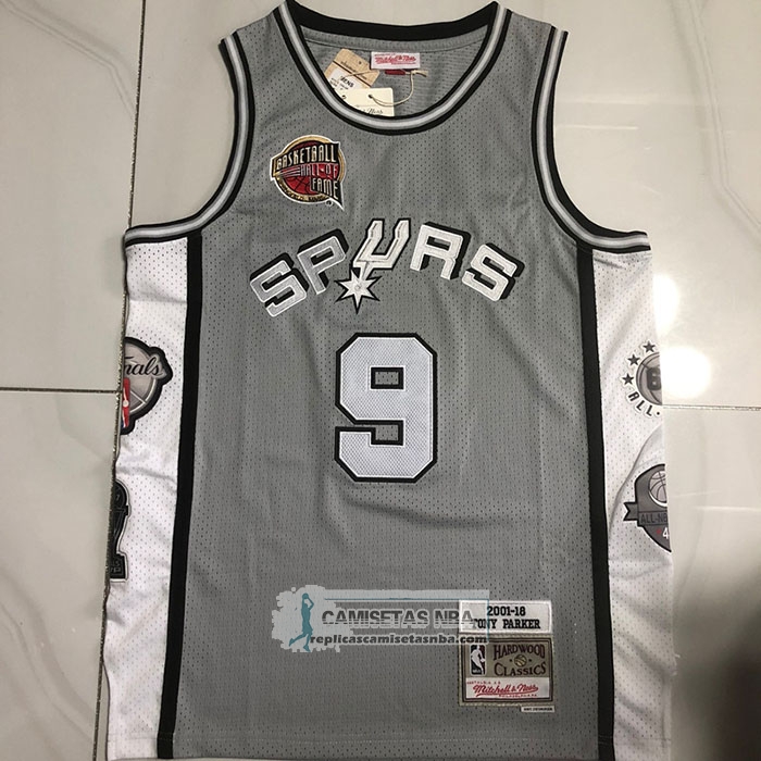 Camiseta San Antonio Spurs Tony Parker NO 9 Hall Of Fame Mitchell & Ness 2001 Gris